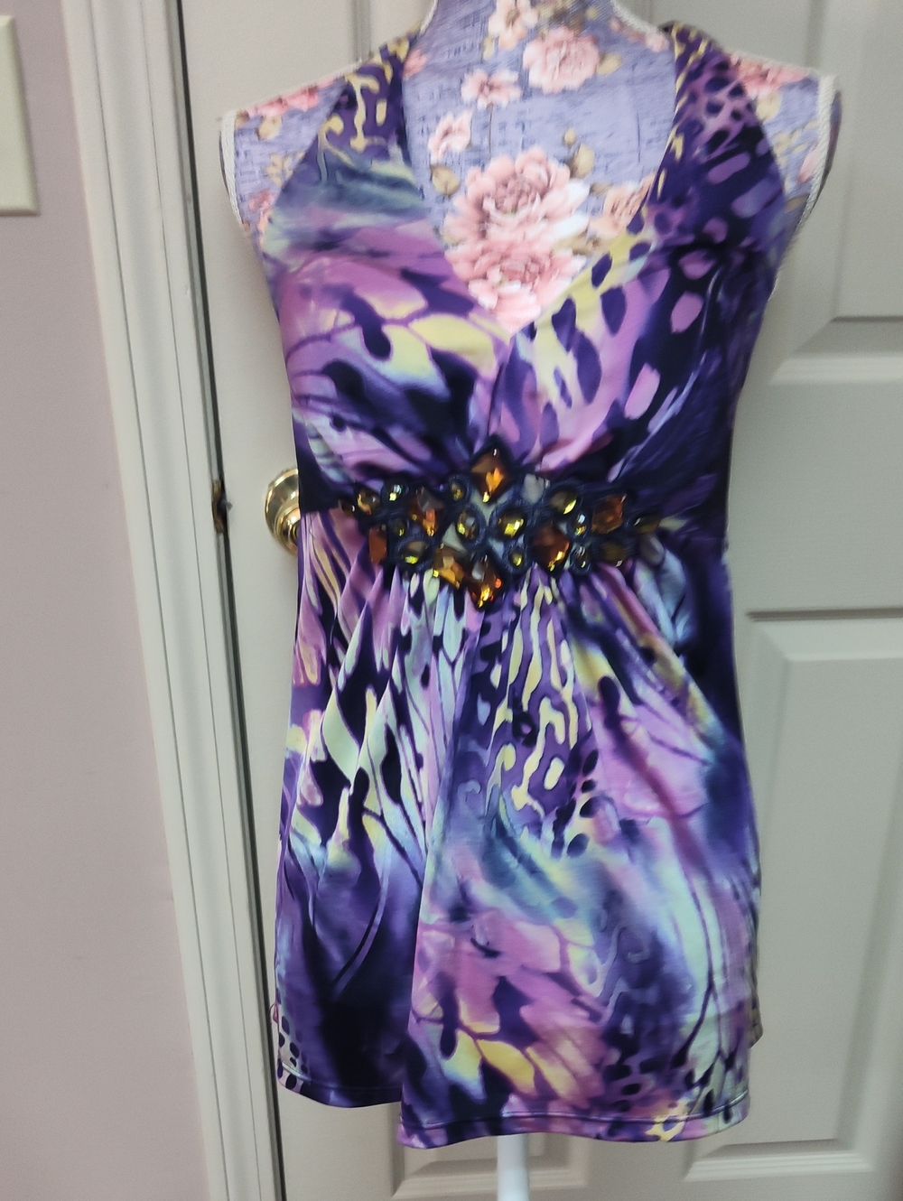 Cache Purple Multicolor Beaded Waist V-Neck Tank Dress